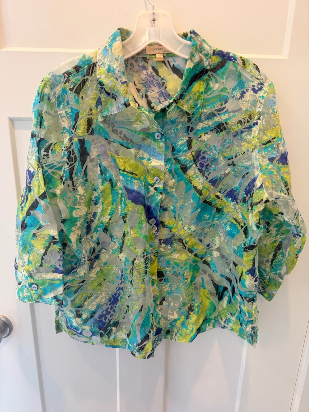 Choices Petite PXL Blue Green Burnout Floral Button Front Shirt Top